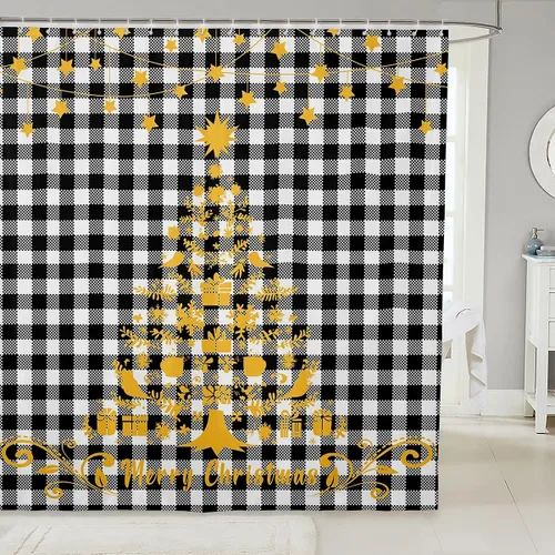 Vista 19 de Homewish Cortina de ducha de árbol de Navidad, juego de cortina de ducha de baño con diseño de copo de nieve dorado para niños y adultos, cortina