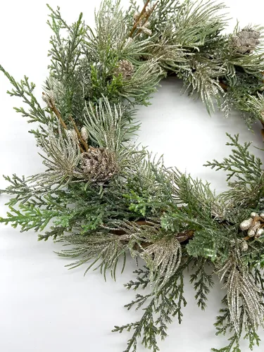 Vista 2 de Christmas & Holiday Table Decor and Candle Holder with Pinecones and Gold Bronze Branches on Grapevine Wreath Base - 8 Inches