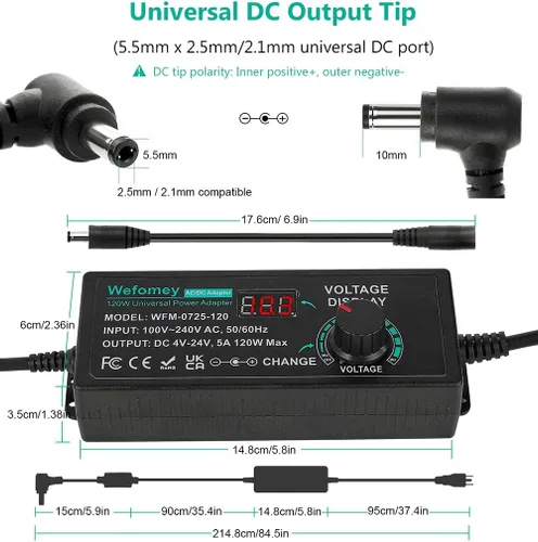 Vista 5 de Fuente de alimentación universal de 120 W CC ajustable 3 V ~ 24 V Adaptador de CA/CC de conmutación variable de 100 V-240 V CA a CC 24 V 5 A con 14