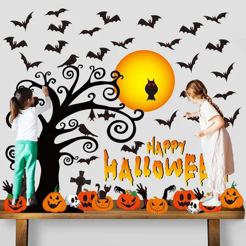 Vista 6 de Juego de tablón de anuncios grande de Feliz Halloween, decoración de aula, murciélago, calabaza, árbol, recortes de papel, cementerio de Halloween