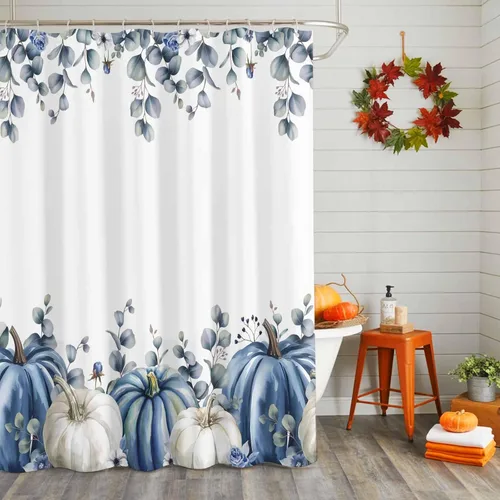 Vista 4 de Cortina de ducha de calabaza azul para baño, calabazas blancas, hojas verdes, cortinas de baño con ganchos, tela de poliéster impermeable, cortinas