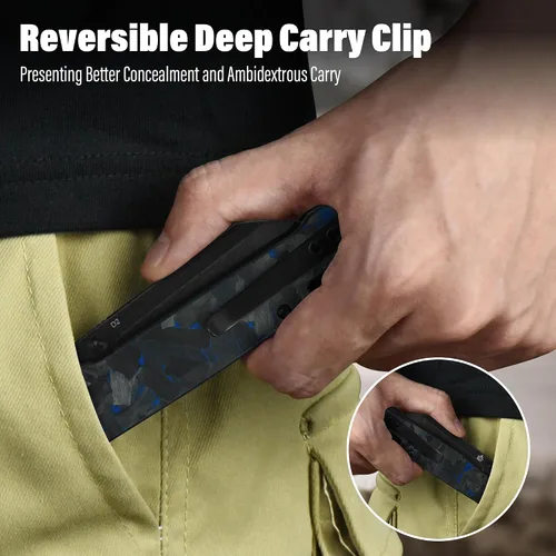 Vista 5 de QSP Penguin V2 - Cuchillo de bolsillo plegable, hoja D2 de 3.06" de lavado de piedra negra, mango G10 con superposición CF triturada azul, bloqueo