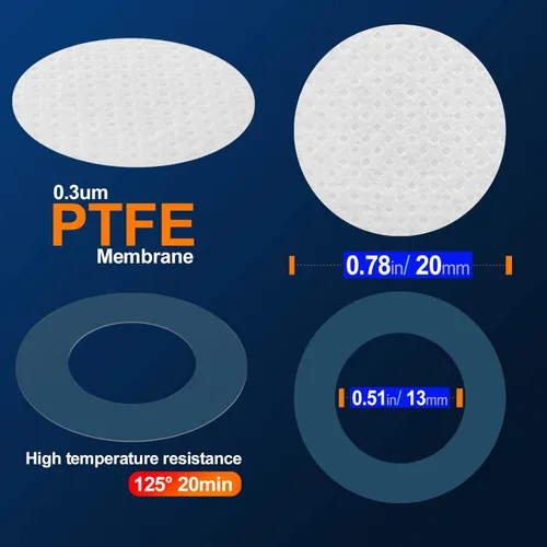 Vista 2 de 64 unids 0.787 in diámetro sintético filtro disco hidrófobo PTFE membrana 0.3um poro tamaño adhesivo fuerte para el cultivo de hongos