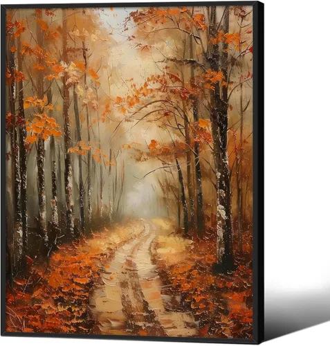 Vista 15 de Póster de paisaje campestre y lago, arte de pared de paisaje de naturaleza otoñal, 08 x 10 pulgadas, marco negro, pintura al óleo vintage de otoño