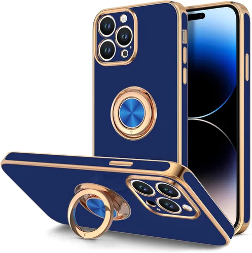 Vista 14 de Hython - Funda para iPhone 14 Pro con soporte de anillo [soporte magnético de anillo giratorio de 360°] [soporte para montaje en coche] Borde dorado