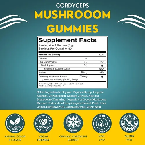 Vista 4 de Cordyceps - Gomitas de hongos para adultos 90 porciones Sandía Gomitas de hongos de rendimiento energizante para apoyar la resistencia