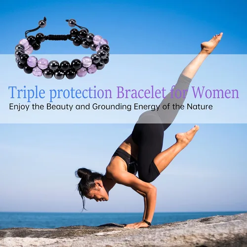 Vista 6 de Pulsera de triple protección, pulsera para hombres y mujeres, piedra natural de ojo de tigre, hematita y obsidiana, 0.315 in, pulsera de cristal