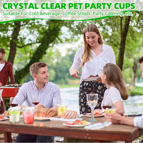 Vista 6 de 50 piezas de vasos de plástico para café con tapas con asa, vasos desechables de plástico PET transparente con tapas sin pajita para café helado