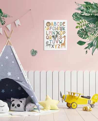 Vista 2 de Póster ABC para decoración de pared de cuarto de bebé, arte bohemio del alfabeto para pared de aula, arte de pared de niños de animales de safari