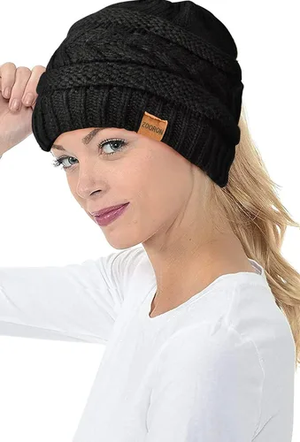Vista 3 de ZOORON Gorro de cola de caballo para mujer, gorro de invierno de punto trenzado, cálido y desordenado
