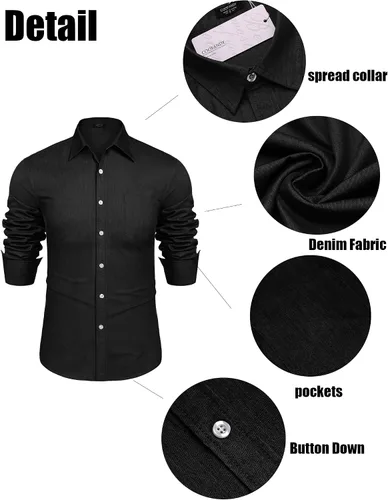 Vista 5 de COOFANDY Camisa vaquera de manga larga con botones para hombre, camisa de trabajo occidental