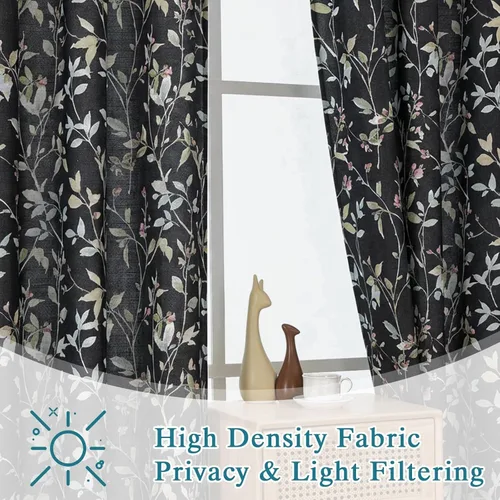 Vista 2 de Chyhomenyc Cortinas de mezcla de lino de 63 pulgadas de largo, 2 paneles de cortina con estampado floral filtrante de luz para sala de estar