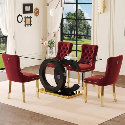 Vista 18 de Ebullient 63" Modern Glass Dining Table Set for 4, Black & Gold 5-Piece Set Glass Table & Beige Chairs