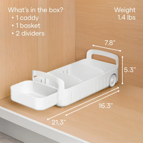 Vista 4 de YouCopia RollOut Caddy Contenedor de Almacenamiento Rodante con 2 Divisores Ajustables y Cesta Extraíble para Organización de Cocina y Baño Debajo