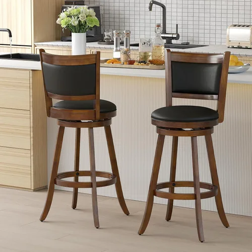 Vista 9 de COSTWAY Juego de 2 taburetes de bar, giratorios de 360 grados, taburete giratorio de madera con acento de altura, diseño tapizado de cuero, asiento