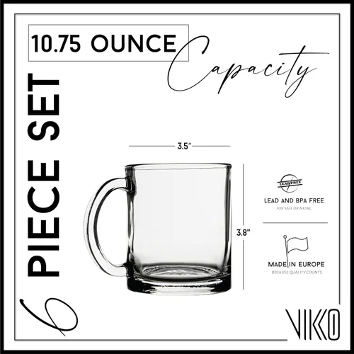 Vista 2 de Vikko Juego de 6 tazas de café de cristal, transparentes de 10.75 onzas, aptas para microondas y lavavajillas
