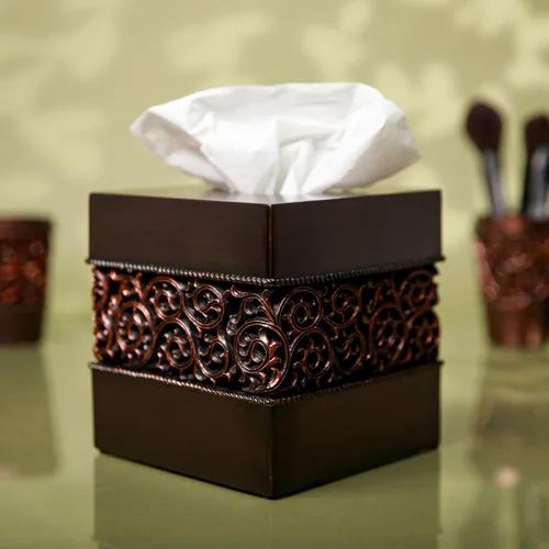 Vista 7 de Essentra Home Cubierta cuadrada para caja de pañuelos con acabado de bronce para encimeras de tocador de baño, también ideal para dormitorios