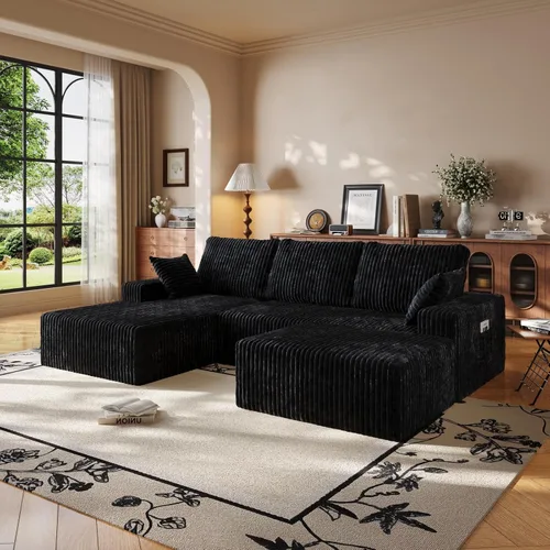 Vista 10 de Sofá seccional en forma de U de 108 pulgadas con otomana, sofá seccional modular de pana con asiento profundo, sofá modular moderno en forma de L