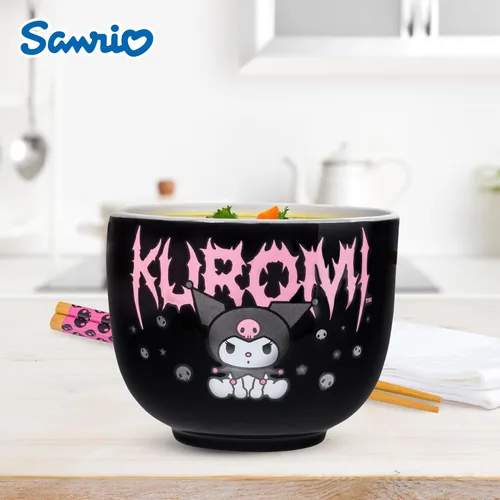 Vista 128 de Silver Buffalo Hello Kitty y sus amigos Chococat - Tazón de cerámica para ramen y arroz con palillos, patrón a cuadros, apto para microondas, 20
