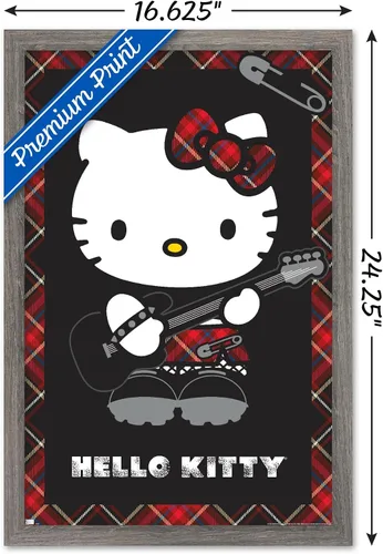 Vista 3 de Hello Kitty: Póster de pared rojo punk de 22.4 pulgadas de largo x 14.7 pulgadas de ancho, versión enmarcada de madera de granero