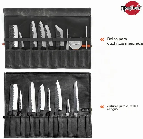Vista 2 de Manjushri Bolsa enrollable para cuchillos de chef con 9 bolsillos de tela de lona y cinturón de cuero genuino. Negro