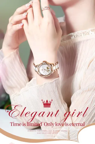Vista 4 de OLEVS Relojes automáticos para mujer de cuerda automática vestido de lujo de oro rosa diamante blanco cerámica para mujer reloj de pulsera con fecha