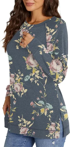 Vista 4 de NILOUFO Camisetas de manga larga para mujer, estilo informal, estilo túnica con abertura lateral