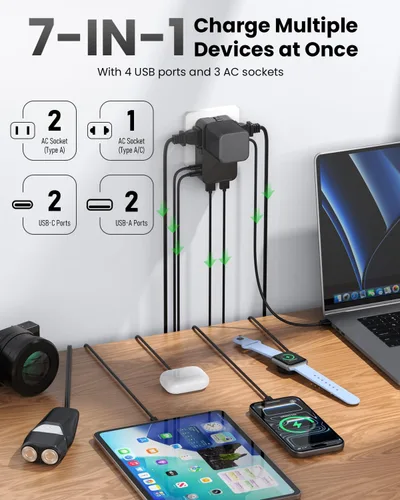 Vista 3 de Adaptador de enchufe de viaje universal, 7 puertos (2 USB-C, 2 USB-A, 3 CA), adaptador de corriente internacional, adaptador de corriente ultrafino