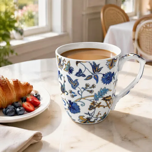 Vista 4 de Taza de café floral de porcelana de hueso de 14 onzas con asa, elegante taza de café, té, regalos de cumpleaños de Navidad para mujeres, hombres