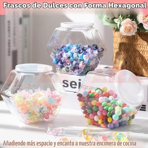 Vista 5 de Atarvana Juego de 4 tarros de plástico para caramelos de 72 onzas, recipientes hexagonales para dulces con tapas herméticas para bufé de dulces