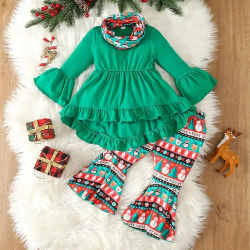 Vista 2 de Traje de Navidad para bebé niña, camisa de manga larga, vestido con volantes, leggings para niños, pantalones acampanados, bufanda, disfraz de Papá