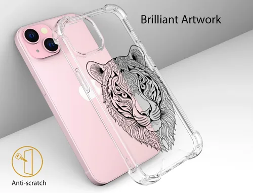 Vista 4 de Funda compatible con iPhone 15, bonita funda transparente para mujer, funda de silicona transparente para teléfono, color negro, tigre poderoso