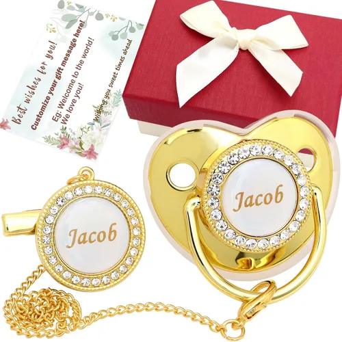Vista 9 de Juego de chupetes personalizados con nombre, sin BPA, dorado, plateado, rosa, oro rosa, lujoso, regalo ideal para recién nacidos (negro)