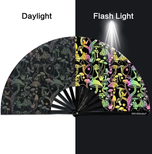 Vista 3 de Ventilador de mano plegable de bambú holográfico con funda para hombresmujeres, ventilador de mano para EDM, festival de música, club, extraño