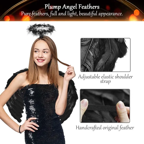 Vista 3 de EPN Diadema de alas de ángel y halo para niñas disfraces de Halloween disfraz de plumas fiesta de cosplay elegante para niñas y mujeres color negro