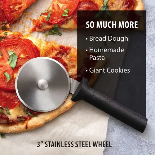 Vista 4 de Rada Cortador de pizza de cubiertos (W221), rueda de acero inoxidable de 3", mango negro 3" Stainless Steel Wheel, Black Resin Handle