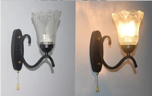Vista 3 de Lámpara de pared con interruptor de cadena de tracción E27, lámpara de noche para dormitorio, sala de estar, pantalla de vidrio de metal, moderna