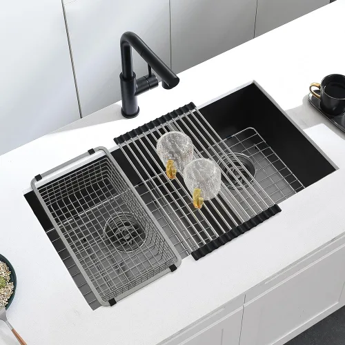 Vista 2 de Fregadero de cocina negro de 33 x 17 pulgadas con doble tazón, 33 x 17 x 9 pulgadas, calibre 16, acero inoxidable negro, montaje inferior