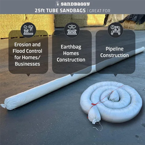 Vista 4 de Sandbaggy Bolsas de arena de tubo vacío de 25 pies con protección UV Ayuda a construir casas Earthbag más rápido Bolsa de arena protege hogares
