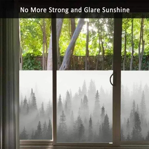 Vista 2 de Película de privacidad para ventana, diseño de bosque brumoso natural, película decorativa de vidrio manchado, película extraíble para baño, ducha