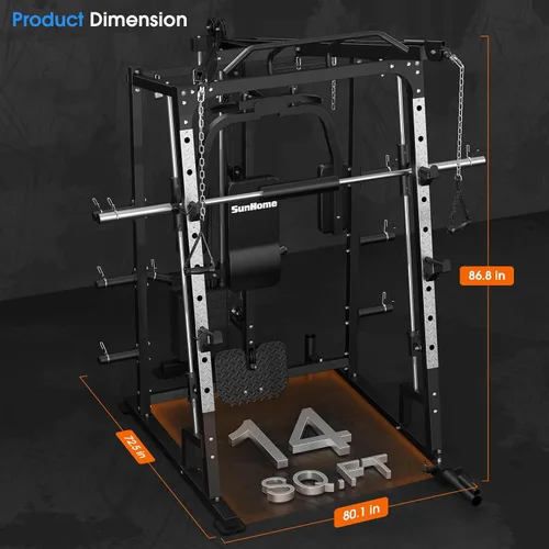 Vista 7 de SunHome Smith Machine, soporte para sentadillas Power Cage con barra Smith, sistemas de tracción LAT, máquina cruzada de cables y accesorio de cable