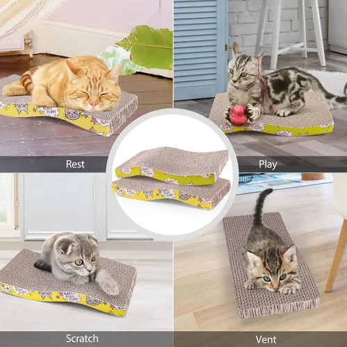 Vista 7 de PrimePets Rascador de cartón para gatos, almohadilla para rascar con forma curva, rascador de gato, tablero corrugado reversible con hierba gatera