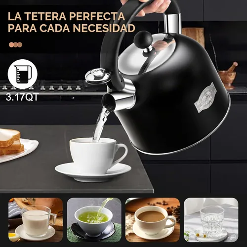 Vista 3 de SUSTEAS Hervidor de té – Hervidor silbante de 3.17 cuartos con mango ergonómico – Ollas de té de acero inoxidable de alta calidad para estufa