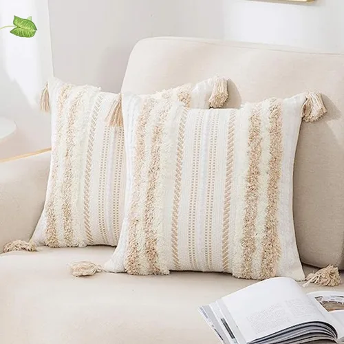 Vista 21 de decorUhome Funda de almohada decorativa bohemia de 18 x 18 pulgadas, funda de almohada de acento con textura neutra acolchada a rayas para sofá