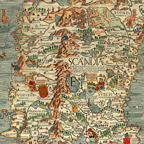 Vista 6 de Mapa del mar de una Escandinavia por Olaus Magnus en 1527-39. Carta Marina. Suecia, Dinamarca, Noruega, Islandia y Finlandia