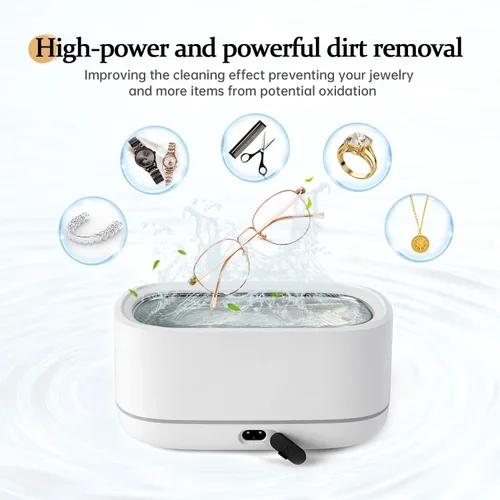 Vista 2 de Potente limpiador ultrasónico para joyas, anteojos, relojes y cepillos, tanque de acero inoxidable de 12.8 fl oz, diseño portátil, limpieza rápida