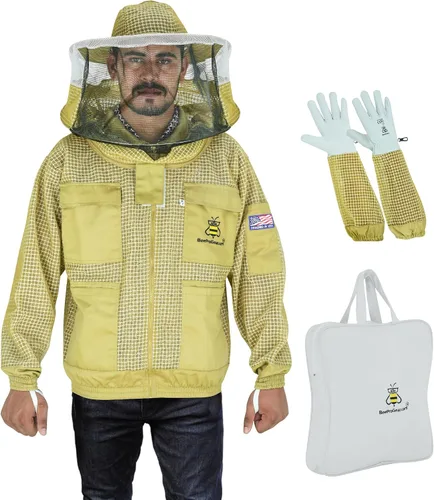 Vista 11 de 3-Layer Ventilated Mesh Bee Jacket for Men & Women with Veils Sting-Proof Beekeeping Jacket with Leather Gloves & Bag