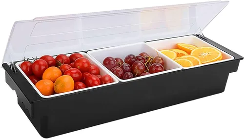 Vista 10 de Bandeja con tapa para frutas, verduras y condimentos con estación de guarnición para bartending y servicio de tacos (2, 3 compartimentos)