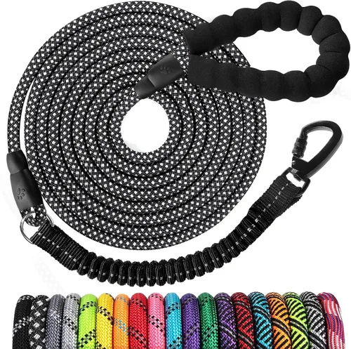Vista 44 de Correa de perro de cuerda de 3 pies: correa resistente con gancho giratorio bloqueable, hilos reflectantes, bungee y asa acolchada - Correa