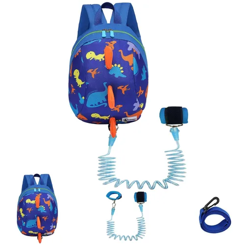 Vista 9 de DB Mini mochila de dinosaurio para niños pequeños con correa, arnés para niños y bebés (azul oscuro)